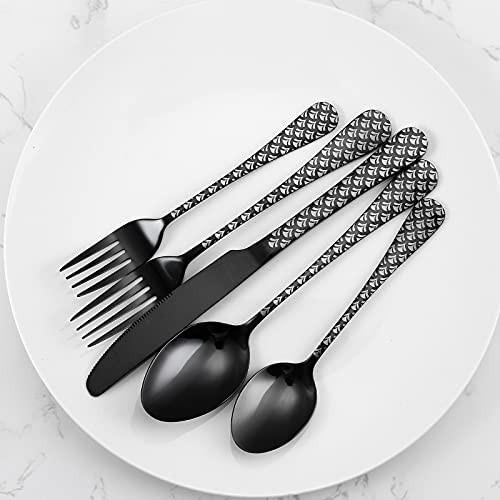 Black Silverware Set, YFBXG 20 Piece Black Sliverware Flatware Cutlery Set,Stainless Steel Black Utensil Set for 4,Knives and Forks and Spoons Sets With Patten Handle (Fan-shaped,Black)
