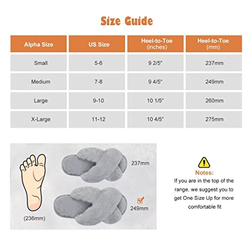 DOIOWN Women’s Fuzzy Slippers Cross Band Fluffy Slippers Faux Fur Slippers Plush House Open Toe Cozy Slippers for Women (Grey, Size 11-12)