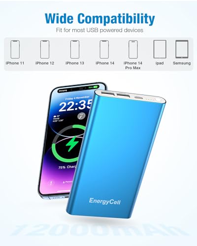 EnergyCell Pilot 4GS Portable Charger,12000mAh Fast Charging Power Bank Dual 3A High-Speed Output Battery Pack Compatible with iPhone 12 11 X Samsung S10 and More - Blue