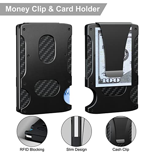 Slim Men's Wallet With Money Clip & Card Holder for 15 Cards and 10 Bills, RFID Blocking, Minimalist Carbon Fiber Wallet Gifts for Men Christmas Stocking Stuffers/Valentine's Day/Thanksgiving/Birthday