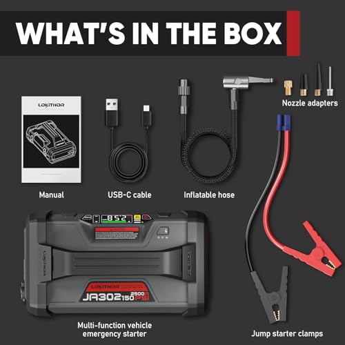LOKITHOR JA302 Jump Starter with Air Compressor, 2500Amp 12V Portable Car Battery Booster pack for Upto 8.5L Gas or 6.5L Diesel, 150 PSI Tire Inflator with Digital Screen, 36 Months Ultra-Long Standby