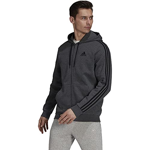 adidas Men's Essentials Fleece 3-Stripes Full-Zip Hoodie, Dark Grey Heather, Medium