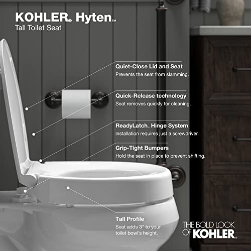 KOHLER 25875-0 Hyten Elevated Quiet-Close Elongated Toilet Seat, Contoured Seat with Grip-Tight Bumpers, Quick-Attach Hardware, White