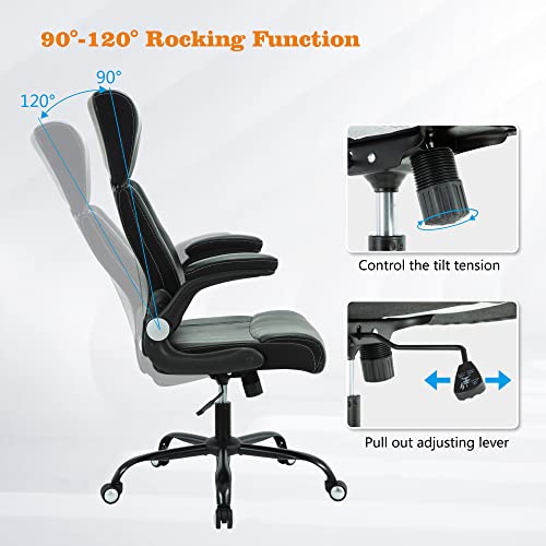 Home Office Chair, Ergonomic Desk Chair with Flip-Up Arm, Office Mesh Chair Leather Computer Chair High Back with Lumbar Support Executive Height Adjustable Rolling Swivel Task (Black)