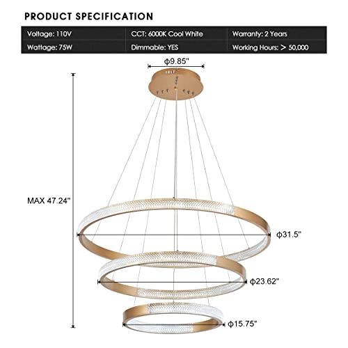 Buccleuch Dining Room Light Fixtures Over Table Gold Modern Chandelier Lighting LED 3-Ring for Living Room Kitchen Island Adjustable Cords 75W 6000K Dimmable