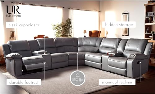 UR livingroom Modular Sectional Sofa PU Leather Manual Recliner Sofa Symmetrical Sectional Couches for Living Room Livingroom Furniture Sets, Grey