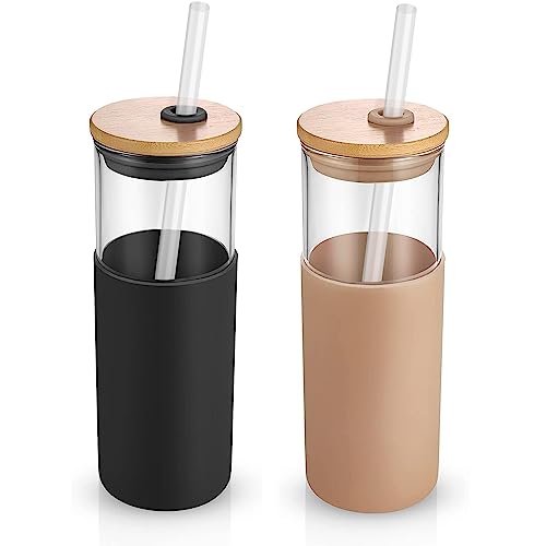 HeroFiber 20 oz Glass Tumbler with Straw and Lid, Bamboo Lids Water Bottle, Iced Coffee Cup Reusable, Straw Silicone Protective Sleeve – 2 Amber & 2 Black