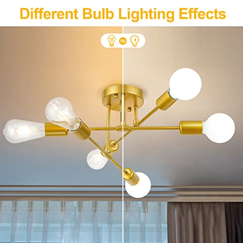 Soilsiu Modern Sputnik Chandelier Ceiling Light Fixture, 6-Light Gold Mid Century Semi Flush Mount Ceiling Lights for Bedroom, Dining Room, Living Room, Kitchen, Office (Gold, W:16.5",H:8")