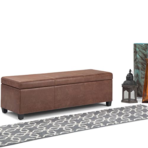SIMPLIHOME Avalon 48 inch Wide Rectangle Lift Top Storage Ottoman Bench in Upholstered Distressed Umber Brown Faux Leather with Large Storage Space for the Living Room, Entryway, Bedroom