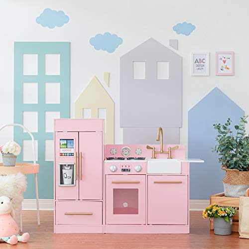 Teamson Kids Little Chef Charlotte 2-Piece Modular Wooden Play Kitchen with Icemaker and Ample Storage, Pink with Gold Hardware