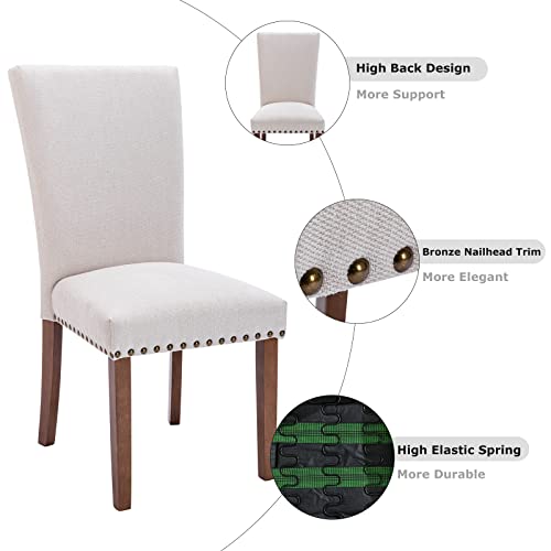 COLAMY Upholstered Parsons Dining Chairs Set of 2, Fabric Dining Room Kitchen Side Chair with Nailhead Trim and Wood Legs - Beige