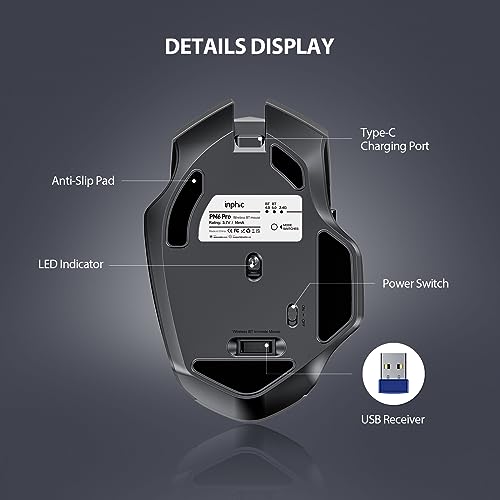 INPHIC Bluetooth Wireless Mouse, 3 Modes Bluetooth 5.0&4.0 Mouse 2.4G Rechargeable Mouse with 6 Button, Upgraded Battery Level Visible Ergonomic Computer Mouse for Laptop, Mac, PC etc.