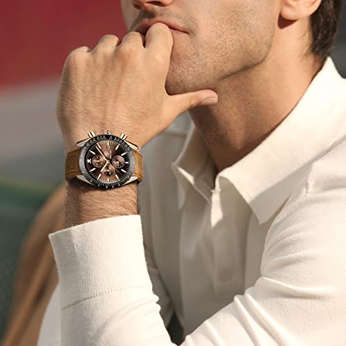 BENYAR Mens Watches Quartz Movement Chronograph Leather Strap Fashion Business Sport Design 30M Waterproof Scratch Resistant Elegant Gifts for Men