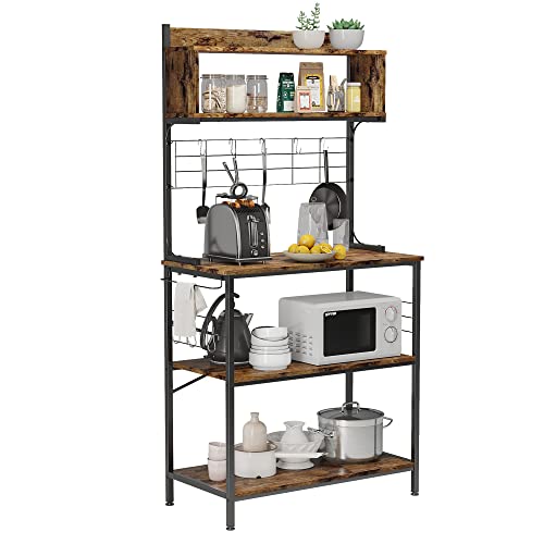 Bestier Kitchen Baker's Rack Coffee Station Microwave Oven Stand Kitchen Shelf with Hutch 8 Side Hooks Free Standing Utility Storage Shelf for Kitchen Dining Room Living Room