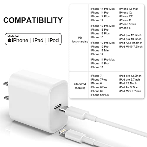 3Pack iPhone Charger【Apple MFi Certified】, 20W PD USB C Wall Charger with 6FT USB C to Lightning Cable Fast Charging Adapter Compatible with iPhone 14/14 Pro Max/13/12/11/XS/XR/X