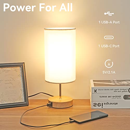 Bedside Lamp with USB C+A Ports - Touch Control Small Table Lamp for Bedroom with 3 Lighting Modes,Nightstand Lamps with Round Flaxen Fabric Shade for Living Room, Dorm, Office (LED Bulb Included)