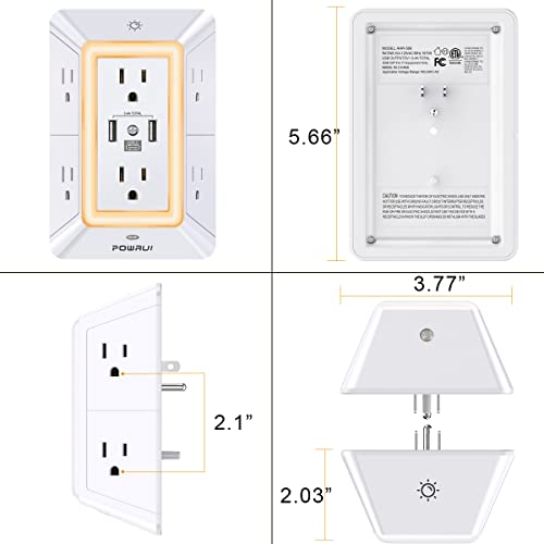 Multi Plug Outlet Surge Protector - POWRUI 6 Outlet Extender with 3 USB Ports (1 USB C) and Night Light, 3-Sided Power Strip with Adapter Spaced Outlets - White,ETL Listed