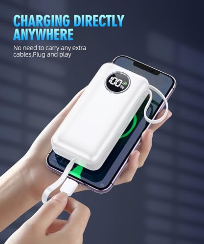 LOVELEDI Power Bank, Portable Charger, 15000mAh PD 30W Fast Charging, Built in Type-C and iOS Output Cables Equipped with LED Display for iPhone Series and Most Electronic Devices(White)