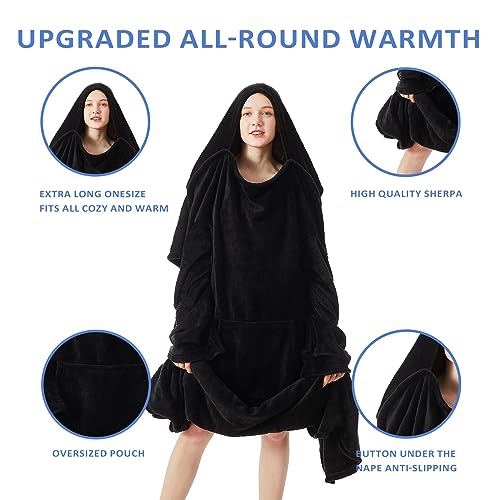 HOSUKKO Fleece blanket hoodie with Sleeves Pocket and Hat - Super Warm and Cozy Giant Blanket Hoodie - Thick Flannel Blanket - Black