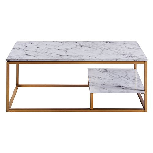 Teamson Home Marmo Faux Marble Modern Rectangle Coffee End Table with Storage Shelf and Easy-Clean Surface for Living and Dining Room Home Office, 16 Inch Height, Brass