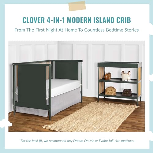 Dream On Me Clover 4-in-1 Modern Island Crib with Rounded Spindles in Olive, Convertible Crib, Mid-Century Meets Modern, Coordinates with The Clover Changing Counter