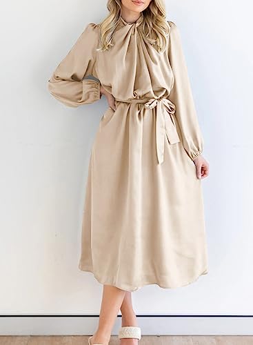 Dokotoo Women's Mock Neck Lantern Long Sleeve A Line Swing Flared Cocktail Party Midi Dress with Belt Apricot Medium