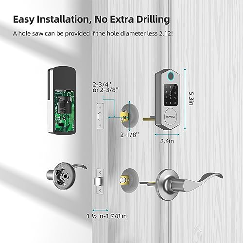 HEANTLE Smart Front Door Lock Set, 8-in-1 Fingerprint Keyless Entry Door Lock with App Control, Electronic Touchscreen Keypad Deadbolt with 2 Lever Handles, Auto Lock,Easy Installation, Silver