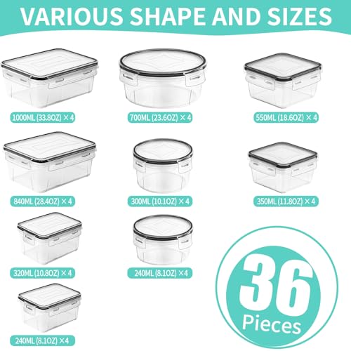 Skroam 72 piece Food Storage Containers Set with Airtight Lids (36 Containers & 36 Lids), Plastic Leak-Proof Kitchen Storage Containers for Pantry Organizers and storage - Meal Prep, Lunch Containers