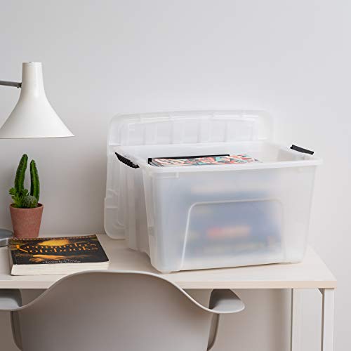 IRIS USA 40 Qt. Plastic Storage Container Bin with Secure Lid and Latching Buckles, 6 pack - Pearl, Durable Stackable Nestable Organizing Tote Tub Box Toy General Organization Medium