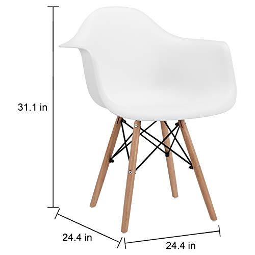 CangLong Natural Wood Legs Mid Century Modern Molded Shell Lounge Plastic Arm Chair for Living, Bedroom, Kitchen, Dining, Waiting Room,2 PCs Pack- White, Set of 2, White