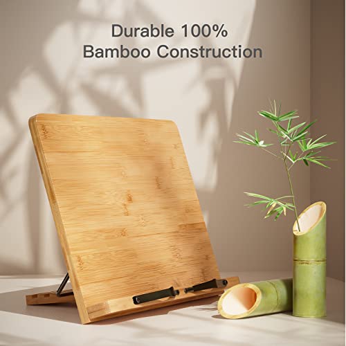Pipishell Bamboo Book Stand, Cookbook Stands Reading Book Holder with 5 Adjustable Height, Foldable Wooden Cookbook Holder for Textbook, Receipe, Music Books, Tablet