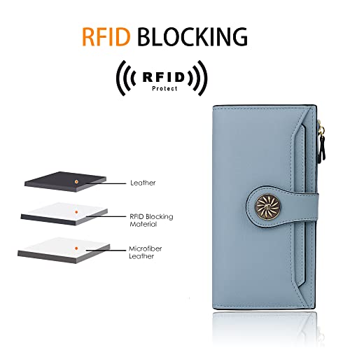 Travelambo Womens RFID Blocking Large Capacity Luxury Waxed Genuine Leather Clutch Wallet Multi Card Organizer (ReNapa Blue Classic)