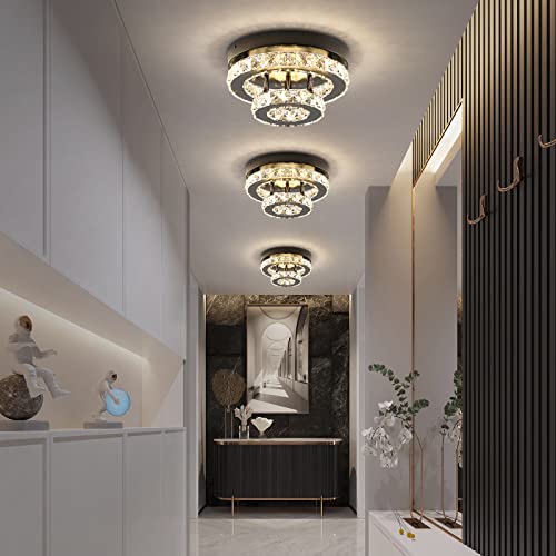 ECOBRT Mini Crystal Chandeliers Modern Black Flush Mount Ceiling Light Surface Mount Led Ceiling Light Bedroom Ceiling Lights Indoor 9.8" Diameter Black 3000K