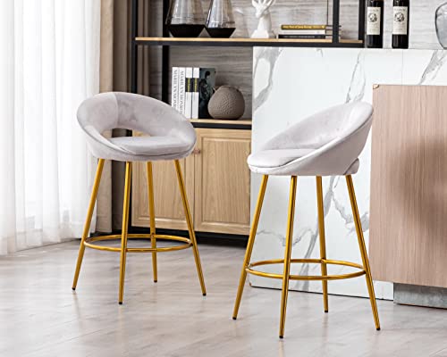 CIMOTA Velvet Grey Bar Stools Set of 2 Modern Barstools 26 Inch Counter Stool Chairs with Open Back/Gold Base Kitchen Stools for Island/Home Bar/Dining Room/Kitchen