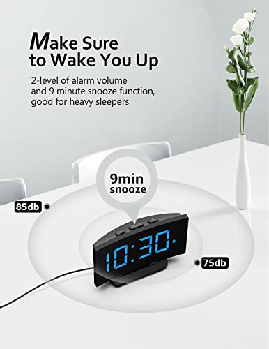 GOLOZA Digital Alarm Clock for Bedrooms, Digital Clock with Modern Curved Design, Conspicuous Blue LED Numbers, 5 Levels Brightness+Off, 2 Volume, 3 Alarm Tones, Snooze, Power-Off Memory, 12/24H