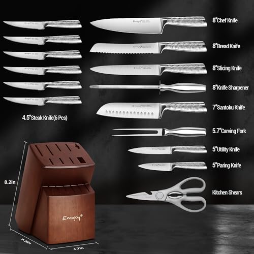 Knife Set, Emojoy 16-Piece Kitchen Knife Set with Block Wooden Carving Fork, Ripple German Stainless Steel Knife Block Set, Hollow Handle for Chef Knife Set with Sharpener and Scissors