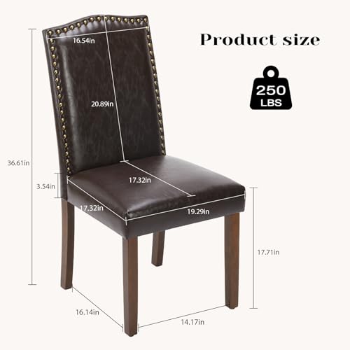 DUMOS Dining Chairs Set of 4, Leather Dining Room Chairs, Upholstered Parsons Chairs with Nailhead Trim and Wood Legs, Kitchen Side Chair for Living Room,Bedroom, Kitchen, Dark Brown