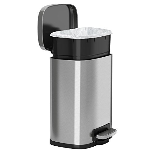 iTouchless SoftStep 1.32 Gallon Small Bathroom Stainless Steel Step Trash Can, 5 Liter Pedal Bin, Removable Inner Bucket, Soft and Silent Open and Close