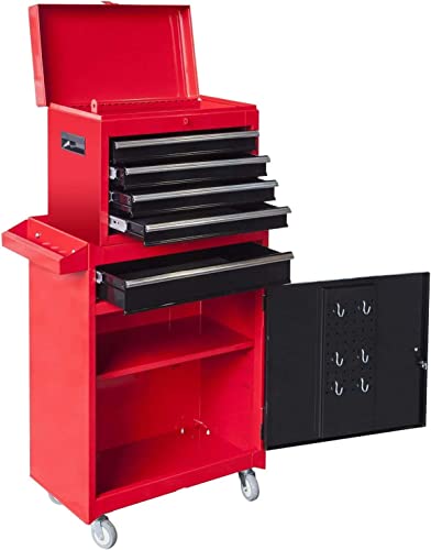 HPDMC Rolling Garage Workshop Tool Organizer/Detachable 4 Drawer Tool Chest with Large Storage Cabinet and Adjustable Shelf, 20.3" L x 11" W x 40.4" H Red & Black
