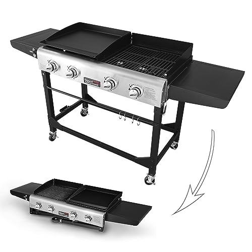 Royal Gourmet GD401 Portable Propane Gas Grill and Griddle Combo with Side Table | 4-Burner, Folding Legs,Versatile, Outdoor | Black 66 Inch