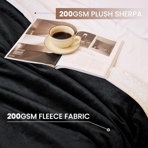 Sherpa Fleece Throw Blanket - Thick and Warm Blanket for Winter, Warm Plush Fleece Reversible Blanket for Bed, Sofa, Couch, Camping and Travel, Black, 50x60 Inches