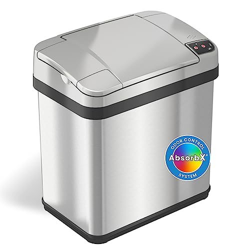 iTouchless 2.5 Gallon Sensor Bathroom Trash Can with Odor Filter and Fragrance, Home Office Kitchen Wastebasket Rectangular Stainless Steel (Powered by Batteries or AC Adapter, Both Not Included)