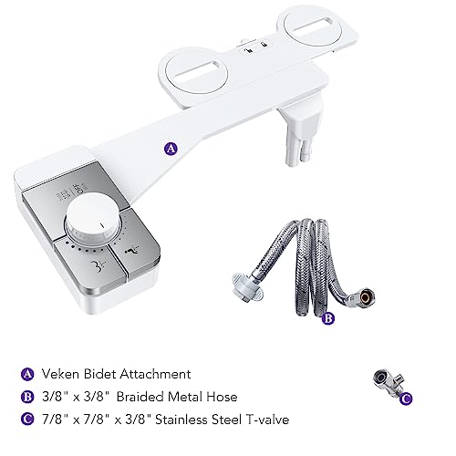 Veken Bidet Attachment for Toilet - Ultra-Slim Self Cleaning Fresh Cold Water Sprayer Bidets for Existing Toilets Seat Baday Beday Badette Bedette with Dual Nozzle for Feminine and Posterior Wash