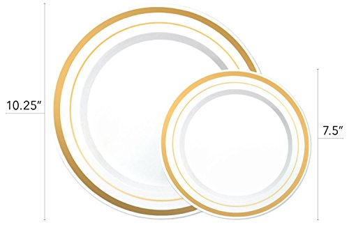 125-Piece White and Gold Fancy Plastic Plates Disposable with Silverware, Elegant Dinnerware for Weddings, Holiday Party China, Set of 25 Dinner + Salad Plates, 25 Spoons, 25 Forks, 25 Knives