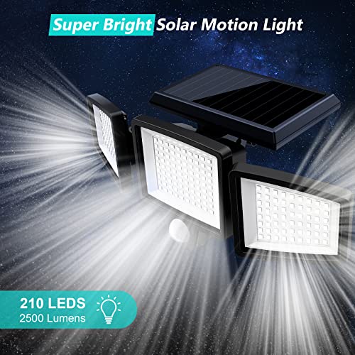 Tuffenough Solar Outdoor Lights 2500LM 210 LED Security Lights with Remote Control,3 Heads Motion Sensor Lights, IP65 Waterproof,270° Wide Angle Flood Wall Lights with 3 Modes(3 Packs)