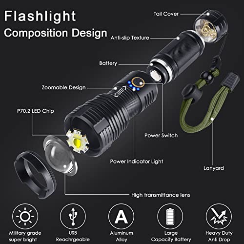 BengMxj Rechargeable LED Flashlights, 90000 High Lumens Flashlight, XHP70 Tactical Flashlight with Zoomable, 5 Modes, Super Bright Waterproof Flashlights for Emergencies, Camping, Hiking