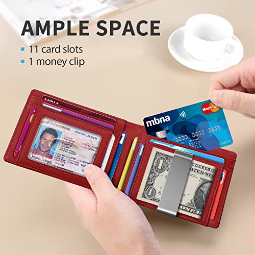 RUNBOX Red Wallet for Men Slim with 11 Credit Card Slots Leather Money Clip RFID Blocking Thin Men's Wallet Bifold Minimalist Front Pocket Large Capacity with Gift Box Carbon