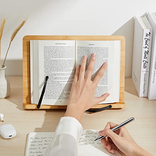 Pipishell Bamboo Book Stand, Cookbook Stands Reading Book Holder with 5 Adjustable Height, Foldable Wooden Cookbook Holder for Textbook, Receipe, Music Books, Tablet