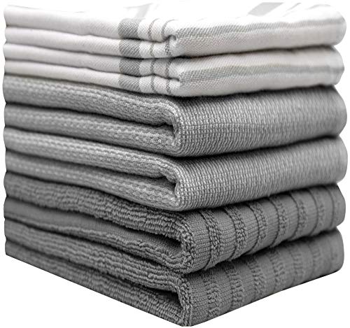 Premium Kitchen Towels 20”x 28”- 6 Pack| Large Cotton Kitchen Towels | Hand Towels for Kitchen | Flat & Terry Towel | Dish Towels | Highly Absorbent Tea Towels Set with Hanging Loop | Grey Striped