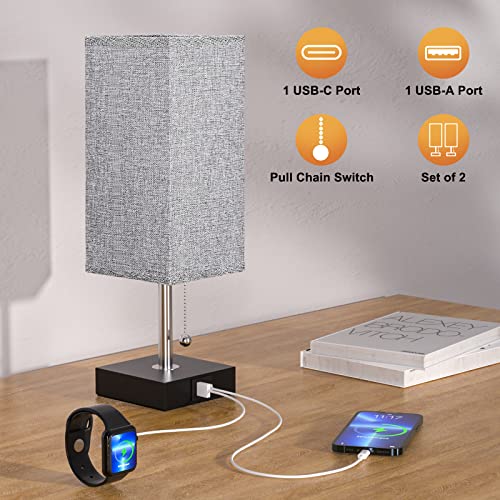 aooshine Bedside Lamps for Bedrooms Set of 2 - Table Lamps for Nightstand with USB Ports, Small Night Stand Light Lamp with Grey Fabric Shade for End Table Living Room Home Office (2 Pack)
